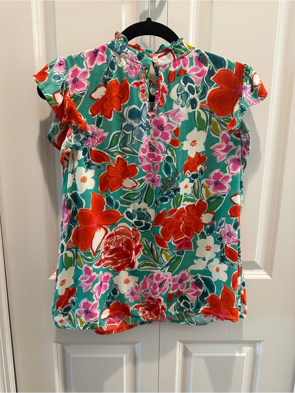 THML by Anthropologie Teal Floral Ruffle Mock-Neck Cap-Sleeve Blouse Size S - Picture 4 of 4